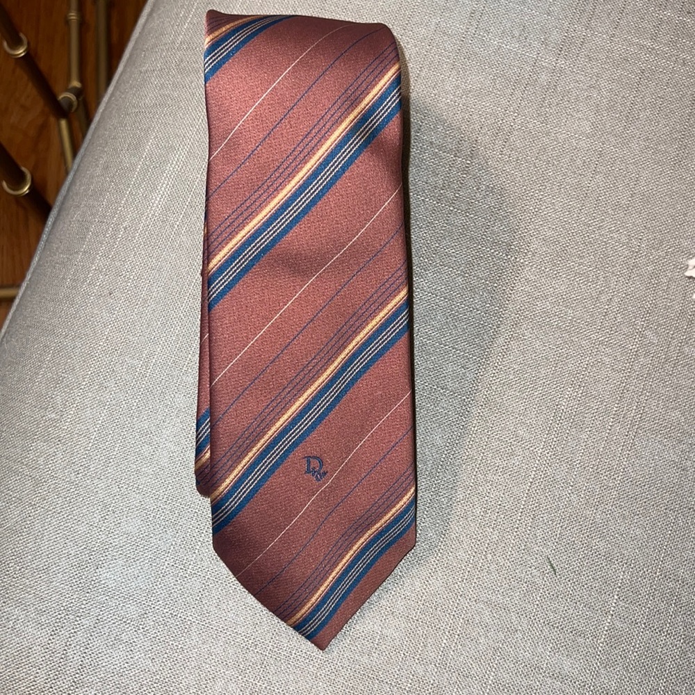 Vintage Embroidered Christian Dior tie. Brown with blue/ gold accent stripes.